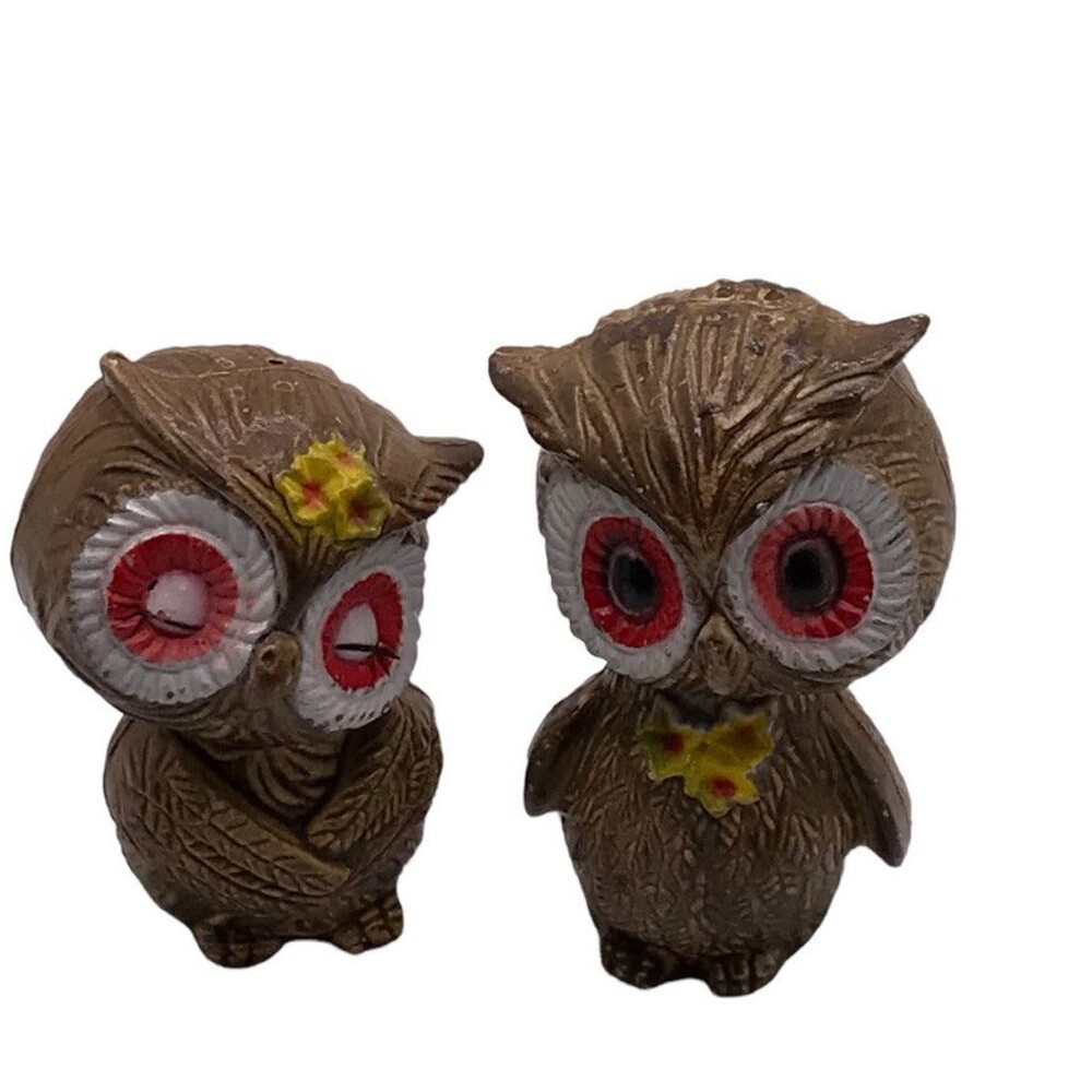 Cottagecore Owl Salt And Pepper Shakers Brown Red Yellow Flower White